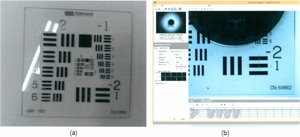 (a) 길이 측정을 위한 표준물질, (b) LabVIEW 영상을 이용하여 측정한 결과로부터 보정 기준을 설정하는 과정