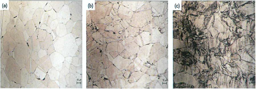 A2, 시효온도 400˚C, 시효시간 36h 조건시험편의 압연률에 따른 미세조직 변화. 광학 현미경. x 100 (a)냉간압연률 0%, (b)넁간압연률 30%, (c)넁간압연률 60%