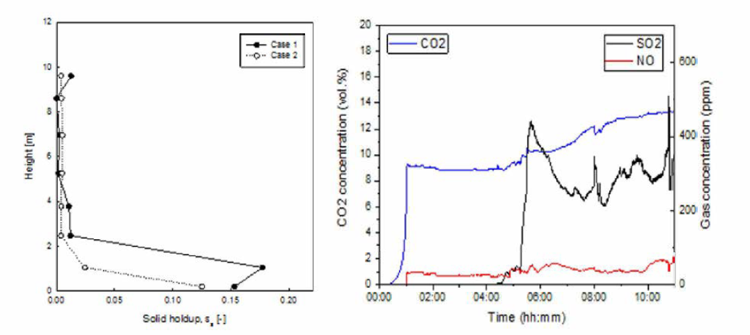 Riser 내부 고체 체류량 (좌) 및 석탄 연소 배기가스 조성(우)
