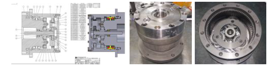 토크센서 일체형 감속기 상세 설계(왼쪽)와 감속기 시제품 제작의 예