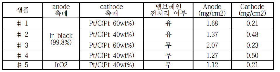 MEA 구성 전극 촉매 및 멤브레인막 전처리 유무