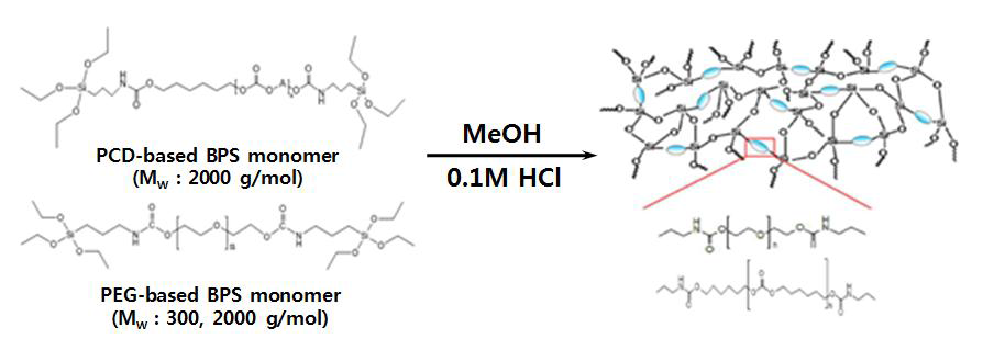 PCD 또는 PEG 그룹이 브릿징 그룹으로 도입된 Bridged polysilsesquioxan (BPS) monomer을 이용한 고분자 전해질 제조