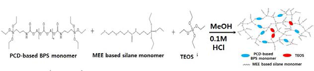 PCD 그룹이 브릿징 그룹으로 도입된 bridged polysilsesquioxane (BPS)에 silane과 TEOS를 첨가한 고체 고분자 전해질의 제조