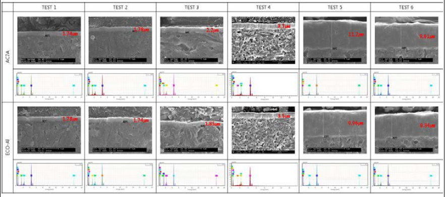 AC7A와 ECO-Al의 TMN 코팅층의 SEM 단면과 성분