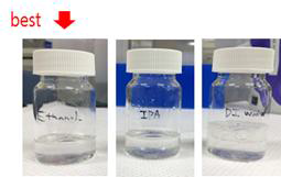 아크릴 수지1(K사)과 에탄올, IPA, 물과 각각 분산 테스트 진행 결과