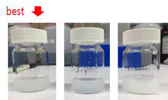 아크릴 수지3(K사)과 에탄올, IPA, 물과 각각 분산 테스트 진행 결과