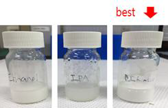 우레탄 수지 (K사)과 에탄올, IPA, 물과 각각 분산 테스트 진행 결과