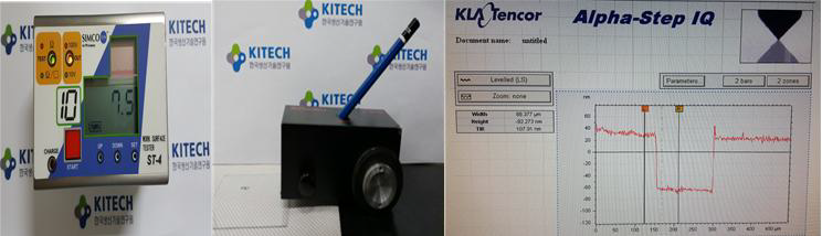 면저항기(좌), 연필 경도 테스트기(중앙), Surface profiler(우)