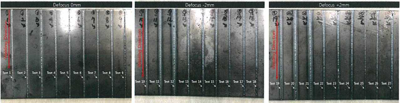 용접된 시험편，왼쪽위 초점위치 0, 오른쪽 위 -2 mm，왼쪽 아래 +2mm