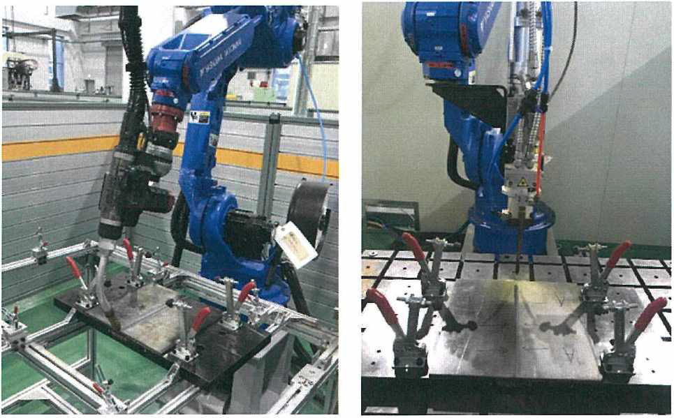 좌) FCAW 용접 실험 우) 레이저 용접 실험