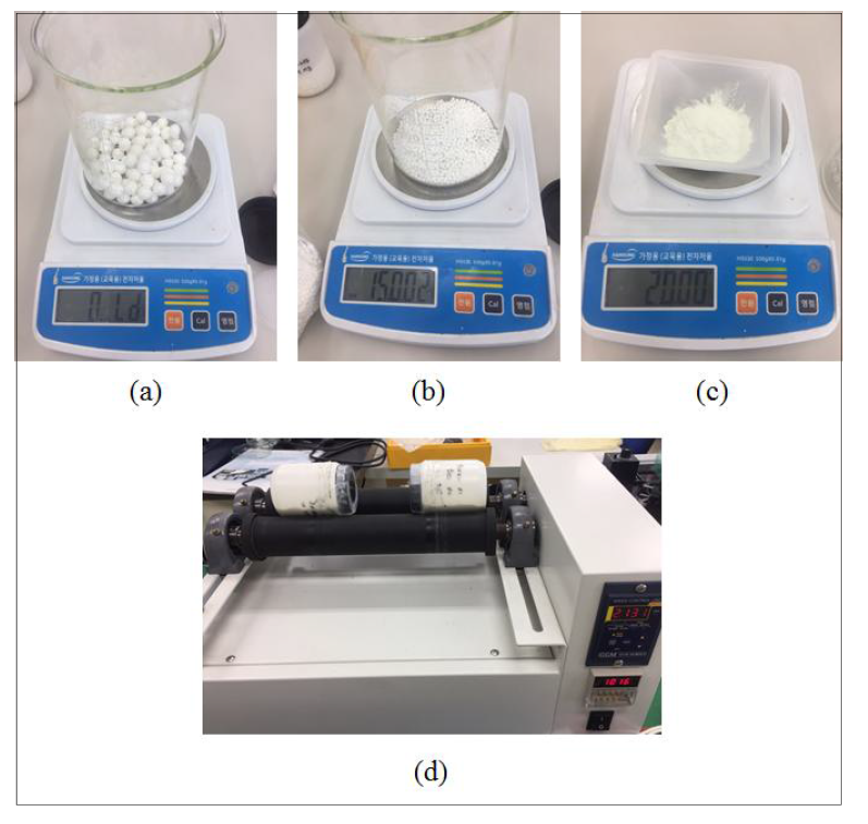 (a) 지름 10 mm 지르코니아 볼, (b) 지름 3 mm 지르코니아 볼, c) ZnS:Cu,Al 분말, (d) Ball mill 장치