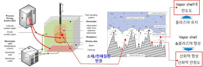 플라즈마 전해연마 모식도 및 계면에서의 연마 기구