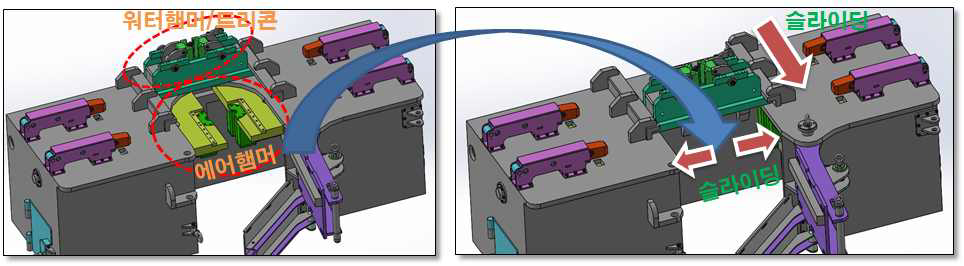 하나의 베이스 프레임에서 에어햄어 드릴파이프 클램프와 워터햄머 드릴파이프 어떻게 공용 으로 사용되는지를 보여주는 설계 도면