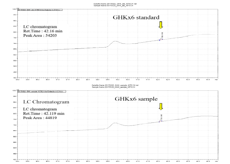 GHKx6 standard와 발효 sample의 LC chromatogram