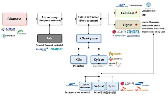 본 연구를 통해 제안되는 바이오매스 기반 소재 (자일로스 및 Co-Products) 생산 공정