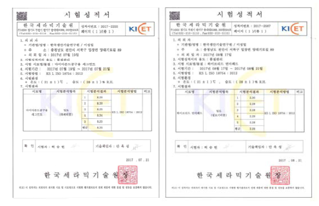 샹크(좌)와 세그먼트(우)의 소결밀도 공인성적서