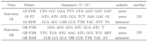 노로바이러스 Genogroup I, II의 검출을 위한 primer