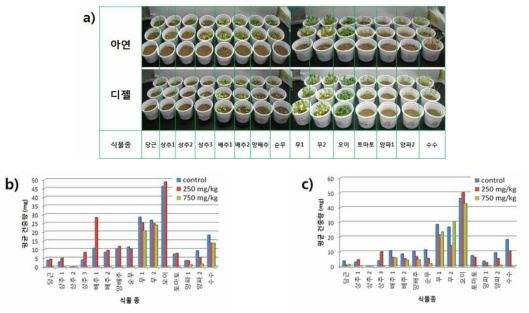 a)아연과 디젤 오염토양의 식물 생태독성 실험 사진, b)아연과 c)디젤의 독성시험 결과