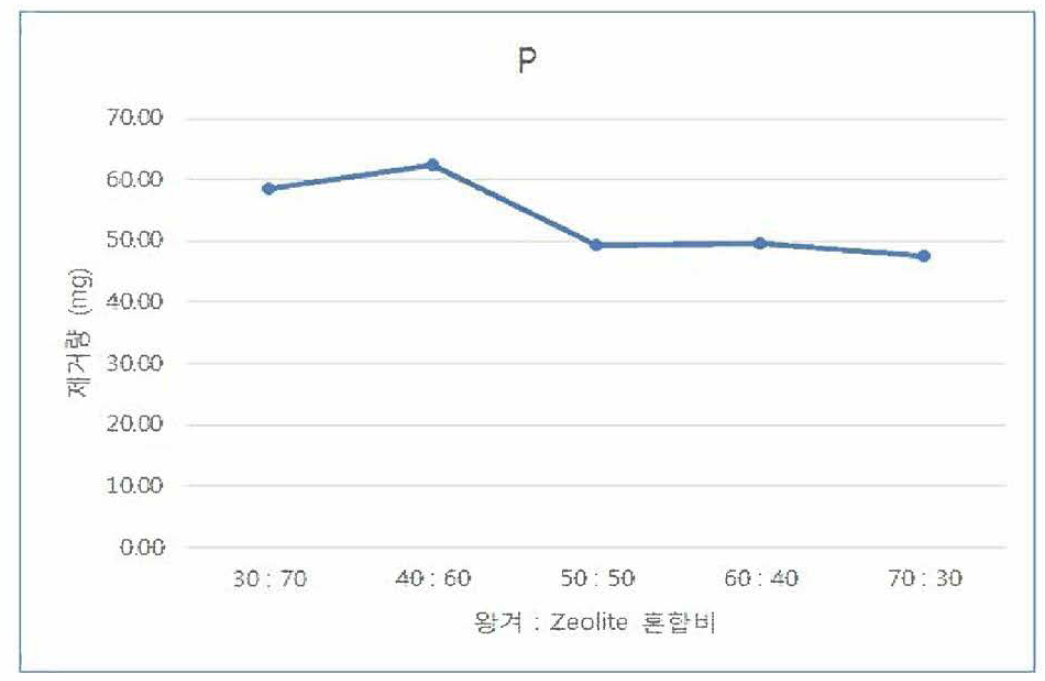 왕겨 BC와 zeolite(〈 0.5 cm) 혼합비 에 따른 P 제거량 비교