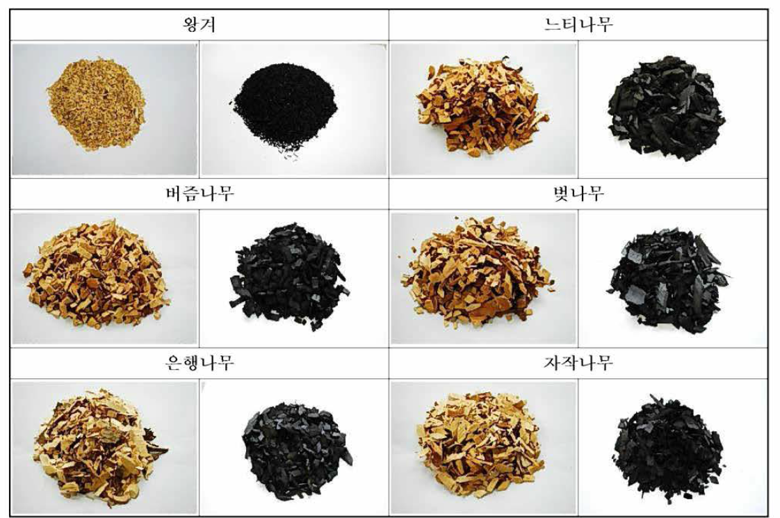 다양한 재료 및 500 °C 에서 생산한 black carbon(BC)