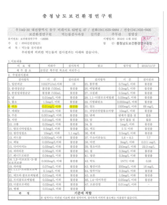 국내실증플랜트 처리수 공인성적서 (충남 금산, 15.10.21)