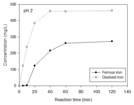 pH 2에서 활성화 반응 시 총 철 이온과 2가철 이온의 용출농도 비교