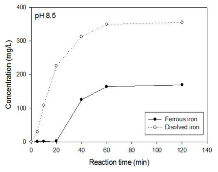 pH 8.5에서 활성화 반응 시 총 철 이온과 2가철 이온의 용출농도 비교