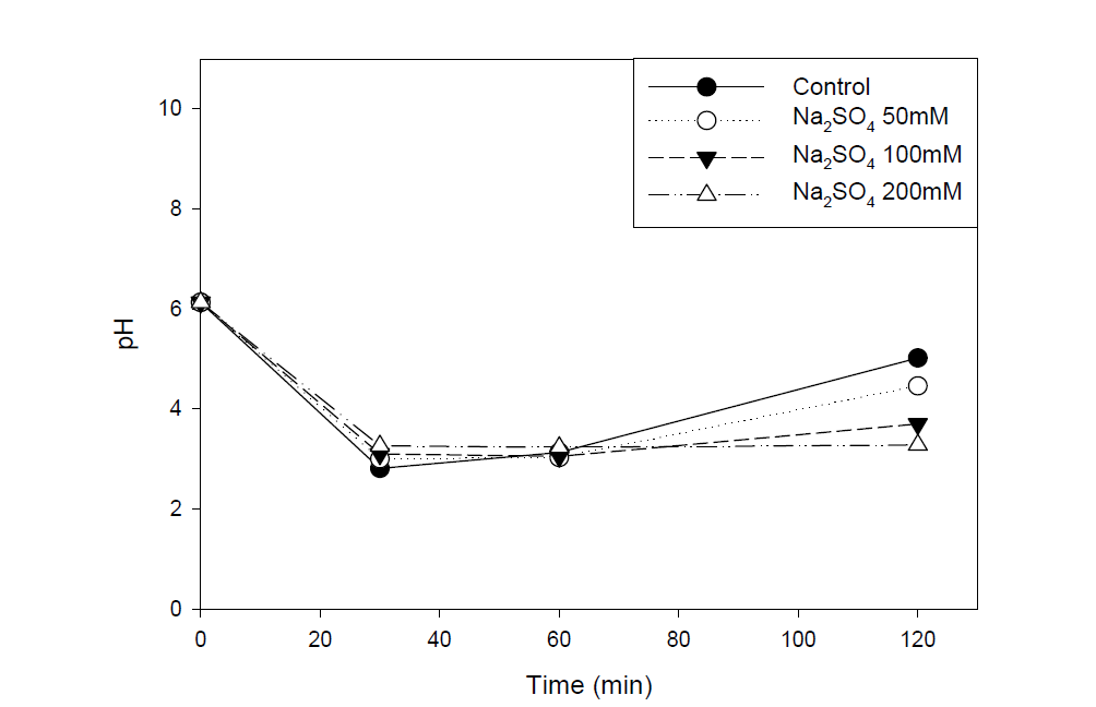 황산나트륨을 주입량에 따른 persulfate/영가철 산화 반응에서 pH 변화