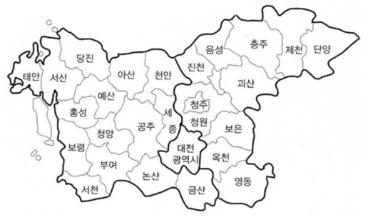 충청권(충청남도, 충청북도, 대전광역시) 지도