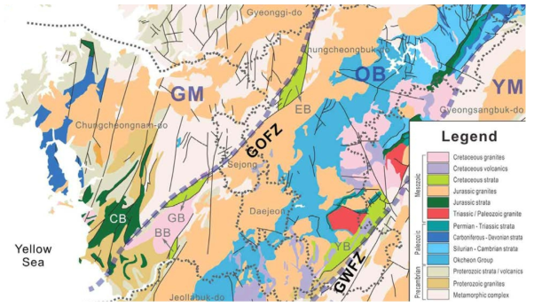 Geological map showing lithology, tectonic domain, and major faults [modified from KIGAM (1995, 2001)]. GM: Gyeonggi Massif, OB: Okcheon Belt, YM: Yeongnam Massif, CB: Chungnam Basin, GB: Gongju Basin, BB: Buyeo Basin, EB: Eumseong Basin, YB: Yeongdong Basin, GOFZ: Gonju Fault Zone, GWFZ: Gwangju Fault Zone.