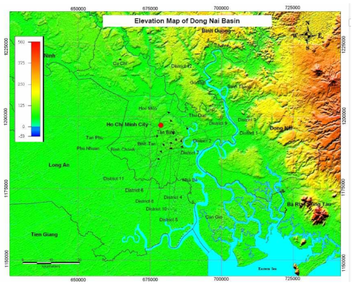 호치민시 및 동나이 유역 고도 지형도