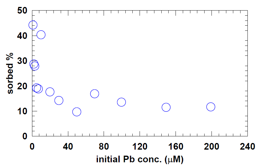 표준사에 대한 Pb sorption isotherm 실험에서 초기 농도에 대한 흡착 비율.