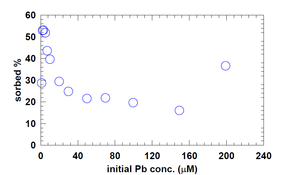 Kaolinite에 대한 Pb sorption isotherm 실험에서 초기 농도에 대한 흡착 비율.