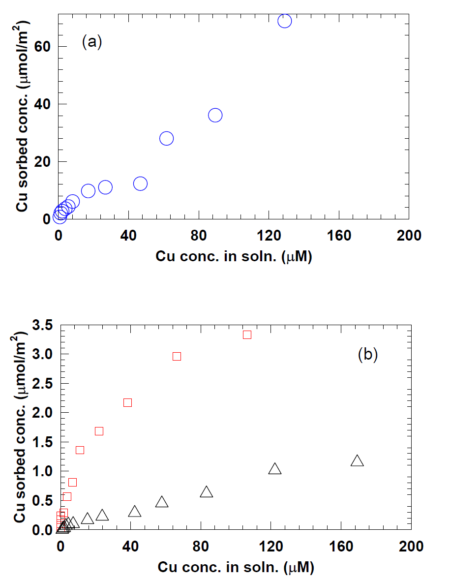 각 시료들((a) 표준사(circle); (b) illite(square), kaolinite(triangle))에 대한 Cu sorption isotherm(surface area normalized).