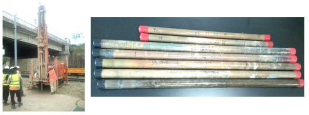 Photos of core sampling and core samples obtained from various depths