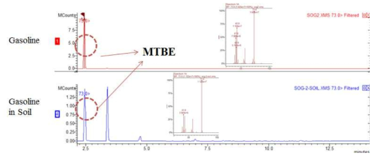 P&T-GC/MS를 이용한 휘발유의 크로마토그램 및 휘발유 오염토양 추출액의 크로마토그램(m/z: 73)