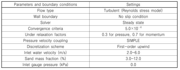 Parameters and boundary conditions used in the simulations