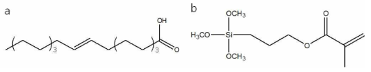 표면 개질에 사용 된 OA(a)와 TPM(b)의 구조식.