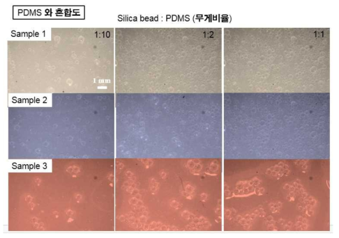글라스 비드와 PDMS의 비율을 1:10, 1:2, 1:1 무게비율로 혼합 한 글라스 비드의 광학현미경 이미지.