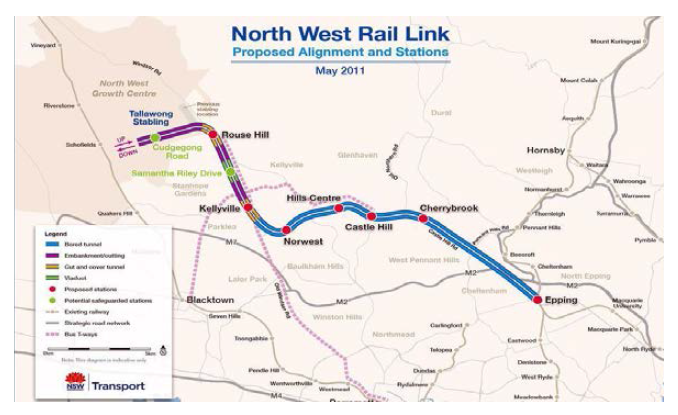 호주의 The North West Rail Link 노선도