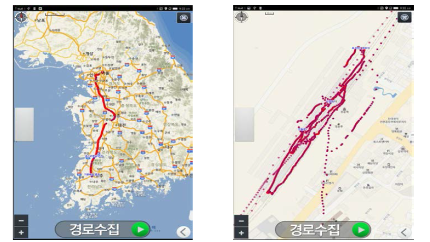 단말상 궤적수집화면 및 정읍역사내 테스트 경로 화면