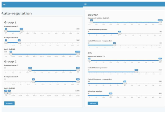 SLE Visualization Application 중 Eligibility Screening(좌)과 Treatment response(우) 메뉴 구성