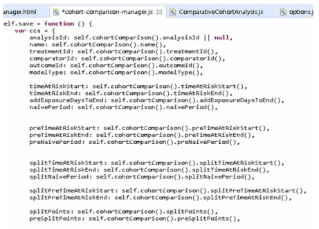 모든 변수 값의 선언 및 값을 저장하기 위해 SCCS 분석에 필요한 모든 변수 정보를 추가한 Javascript 코드 일부