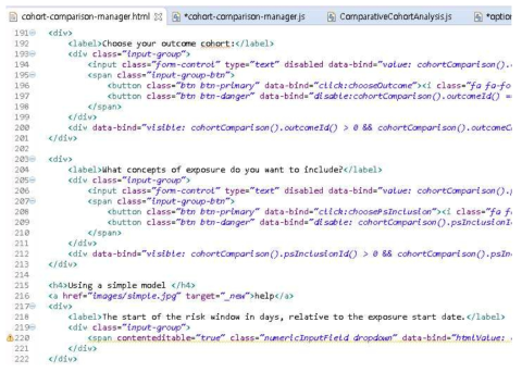 코호트 선택 및 SCCS 분석에 필요한 다양한 변수 값 설정을 위해 추 가 및 수정 한 UI의 HTML 코드 일부