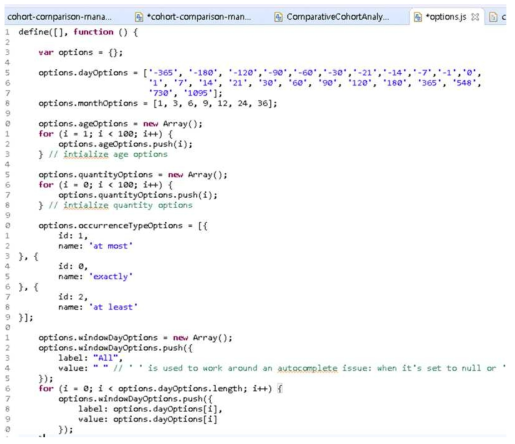 SCCS 분석에 필요한 변수들이 사용할 값들의 리스트를 미리 지정해 놓은 Javascript 코드 일부