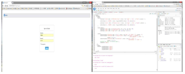 R studio Web server 접속 초기화면(좌)과 접속 후 분석을 위한 작업 중인 화면(우)