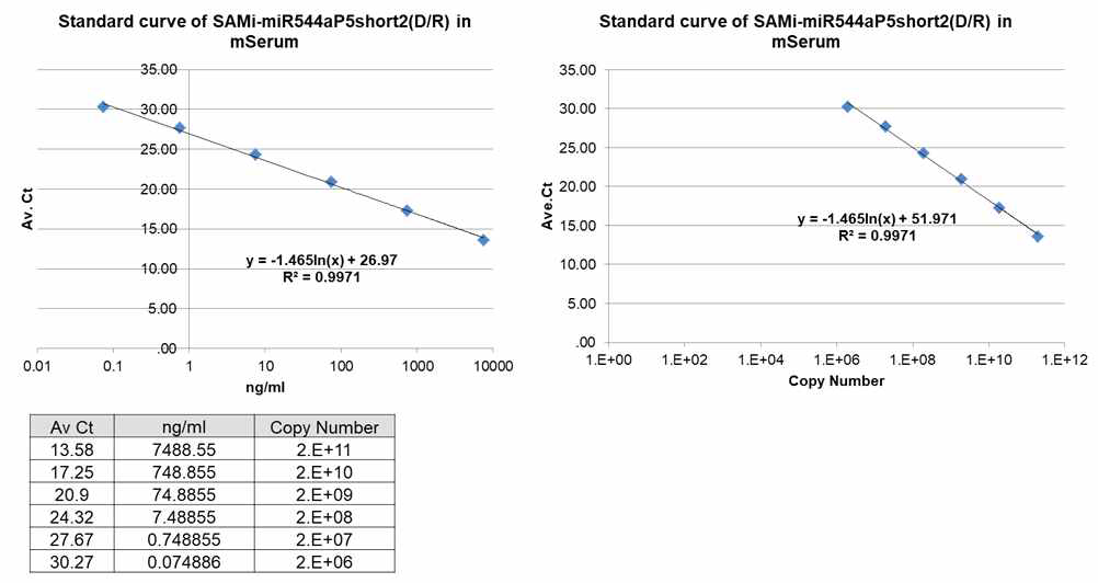 SAMi-miR544a 의 Standard curve. 농도 기준(왼쪽), Copy number기준 (오른쪽)