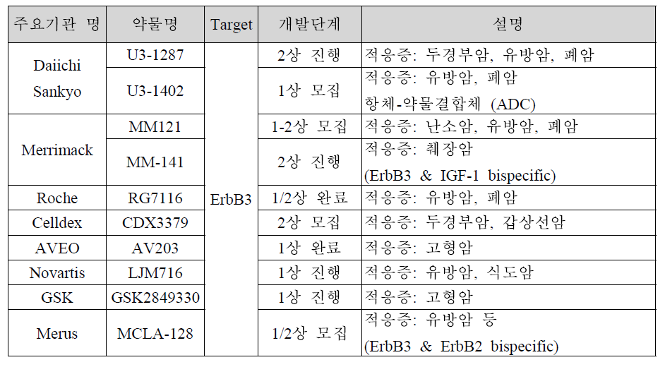 임상시험중인 ErbB3 타겟 항체