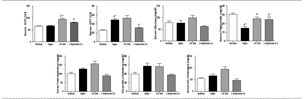 갑상선기능저하증(Hypo-) 흰쥐 모델에서 한성약인 황련추출물(CR)의 혈액마커(GOT, GPT, glucose, triglyceride, total cholesterol, HDL-cholesterol, LDL-cholesterol) 변화에 대한 효능 평가