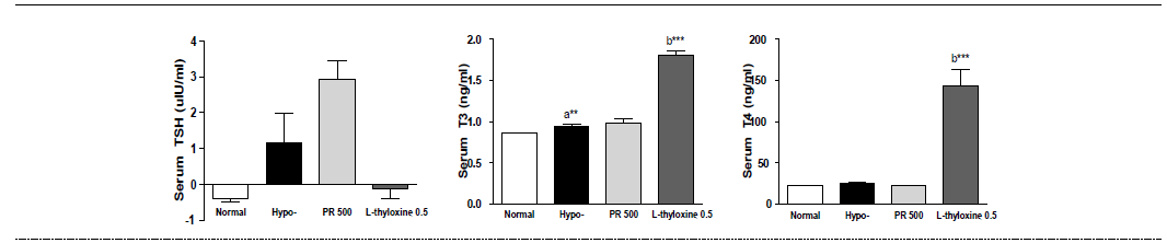 갑상선기능저하증(Hypo-) 흰쥐 모델에서 한성약인 갈근추출물(PR)의 혈액 내 갑상선호르몬(TSH, T3, T4) 변화에 대한 효능 평가